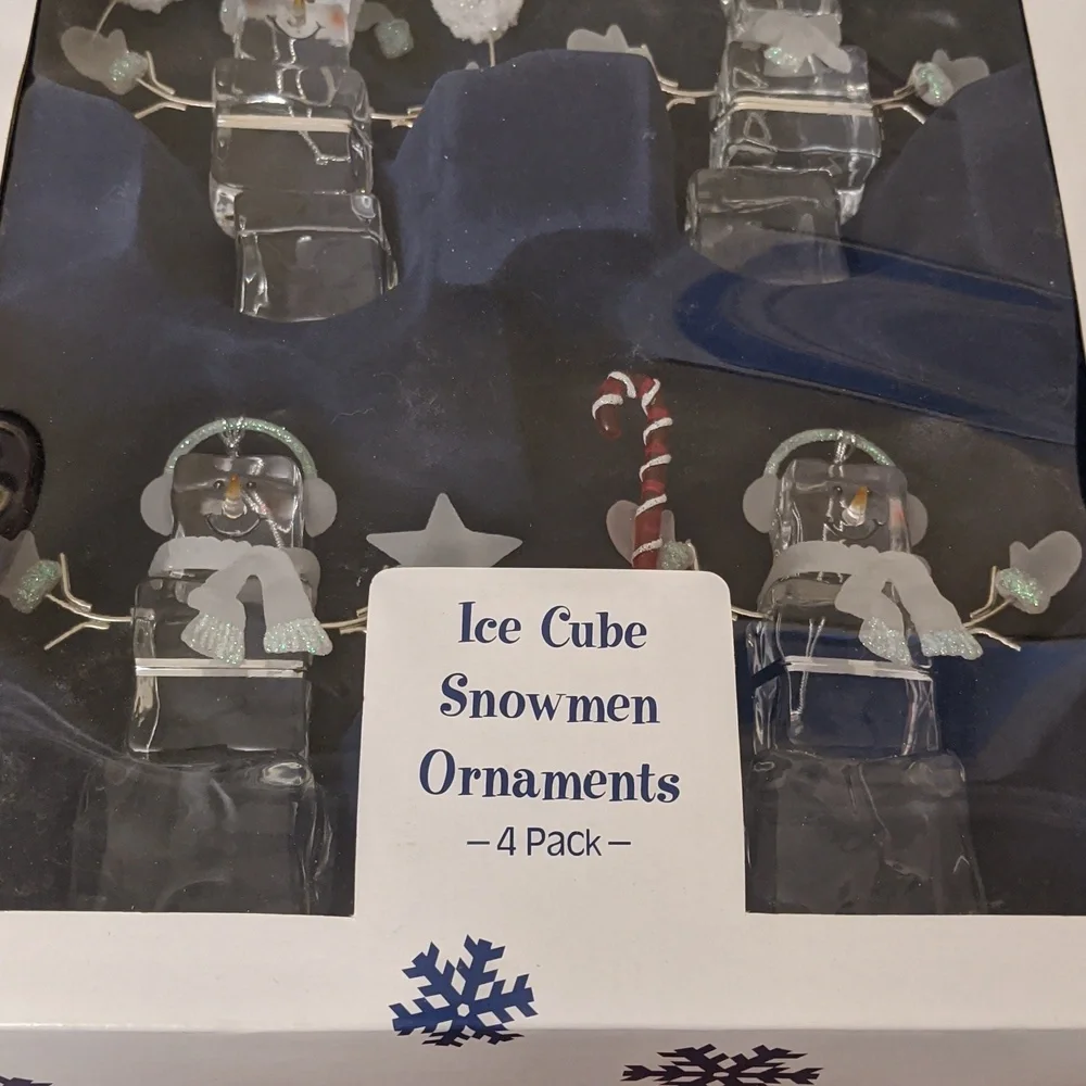Ice Cube Snowman Ornament Set New Collectible Figures Christmas Tree Gift Tie on